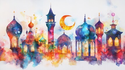 Obraz premium Colorful Cityscape at Night - Watercolor painting of a vibrant city at night, featuring illuminated mosques and minarets under a crescent moon