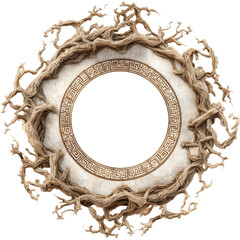 Ornate Wooden Root Frame with Greek Key Design - Circular Mirror or Picture Frame