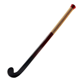 A close-up of a black field hockey stick with a red and brown handle. The stick is isolated against a white background