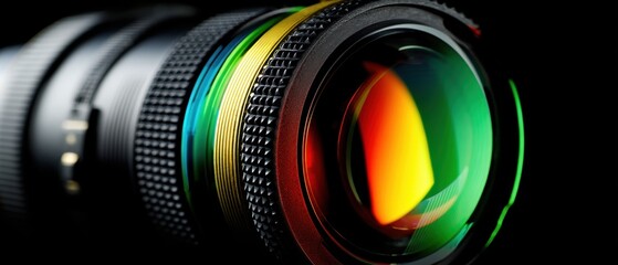 Captivating close up of a professional camera lens with vibrant reflections against a dark background showcasing optical precision and photographic equipment