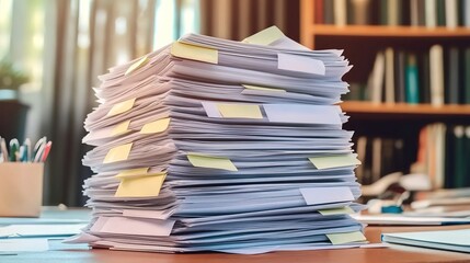 A massive pile of documents on an office desk with stationery holders and bookshelves.