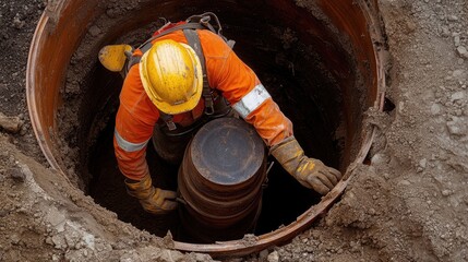 Urban Utility Worker Lifting Pipe Underground.