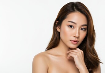 Beautiful asian woman with perfect skin and long brown hair posing against white background face eyes