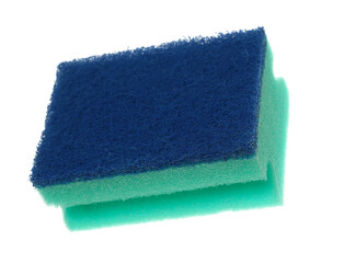 Cyan and blue sponge flying, isolated on white background	