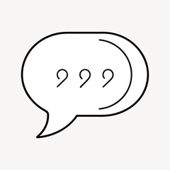 A minimalist line art vector icon of a speech bubble with quotation marks, symbolizing dialogue, communication, and textual content. Suitable for web design, user interface elements,
