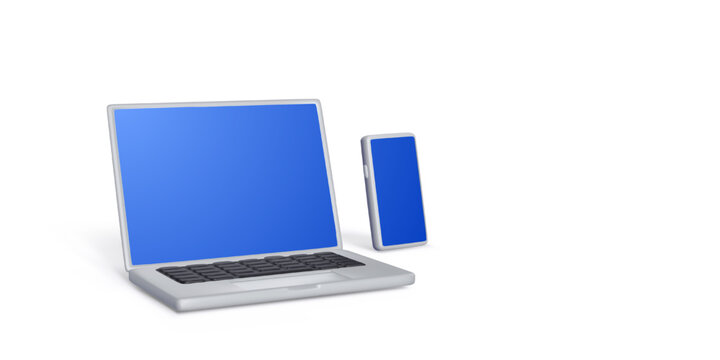 Laptop And Smartphone Mockup With Blank Blue Screens On White Background, Perfect For App Design, Website Presentation, And Technology Branding Concepts. Vector