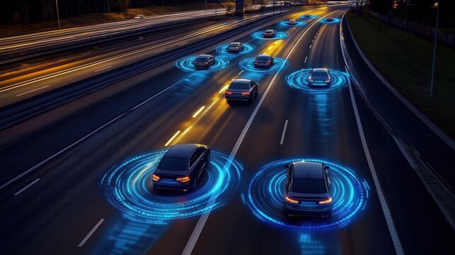 Fototapeta Self-driving cars on a highway at night