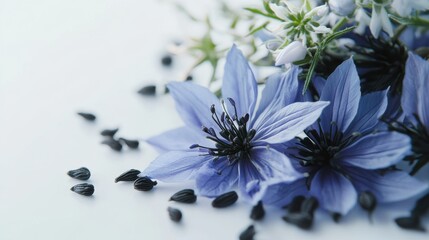 A 4K photo of black cumin seeds with nigella sativa flower on white background.