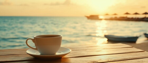 Serene morning coffee cup on wooden table overlooking tranquil ocean at sunrise with boats and beach umbrellas creating a peaceful tropical vacation scene