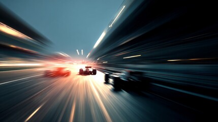 Naklejka premium Formula one cars competing for the lead, captured with motion blur creating high speed sense.