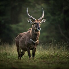 Obraz premium Close-up portrait of a wild deer with impressive antlers, captured in the heart of a lush forest, highlighting the elegance and alert posture of this graceful woodland creature.