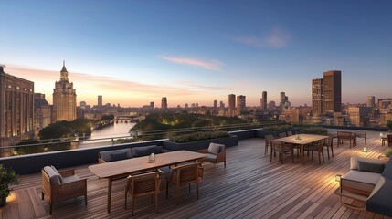 Obraz premium Rooftop Terrace with City View at Sunset: A luxurious rooftop terrace offers breathtaking panoramic views of a cityscape at sunset.