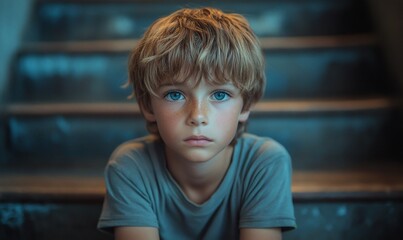 Sad child school boy suffering from depression sitting alone at stairs, unaltered, education, childhood, sadness, boredom, loneliness and school concept,

