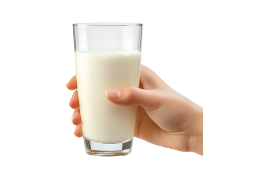 Holding a glass of milk in hand isolated on transparent background