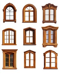 Obraz premium Collection of vintage wooden windows with unique designs and architectural styles showcasing craftsmanship and elegance against a clean white background