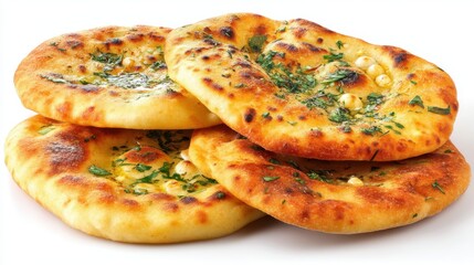 Delicious homemade naan bread with fresh herbs on a white background studio shot culinary delight close up appetizing presentation inviting aroma