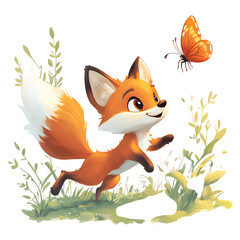 Obraz premium Cartoon Fox Chasing a Butterfly Isolated on Transparent Background