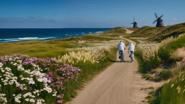 Eco-trip, elderly couple walking along path through blooming summer grass to old windmills, drone video, camera moving away from people, eco-design concept of landscape park in city environment
