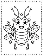 Cute Monster Bugs Coloring Pages For Kids. High resolution (300 DPI), ready to print on standard 8.5x11 inch paper  With No Bleed, Black and White Vector illustration AI, EPS, PNG, JPEG.

