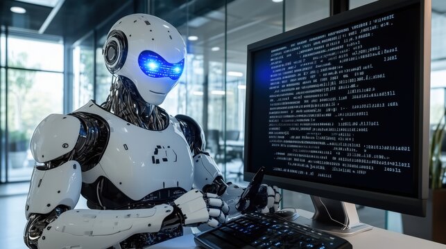 Robot programmer working on code