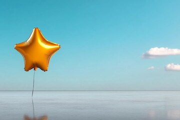Golden Star Balloon Floating Above Calm Waters - A single golden star-shaped balloon floats gently in a serene sky above a calm body of water, symbolizing aspiration, dreams, celebration, hope