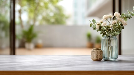 Fototapeta premium Blank wooden table and flower in homey green house background, product montage ads.