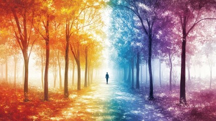 Fototapeta premium A Solitary Figure Walking Through a Dreamlike Forest of Vibrant Hues, Where Autumn and Winter Seem to Meet