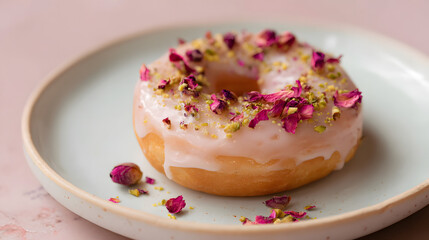 Glazed Donut Infused with Rosewater Icing and Garnished with Edible Flowers on a Delicate Plate