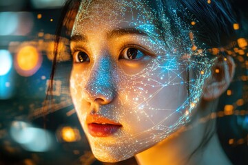 An Asian woman's face is overlaid with a network of glowing blue and orange data connections, merging humanity and technology.