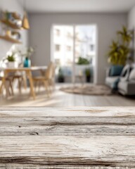 Rustic wooden table against blurred modern living room interior background with dining area and sofa, creating a cozy and inviting atmosphere, perfect for product placement