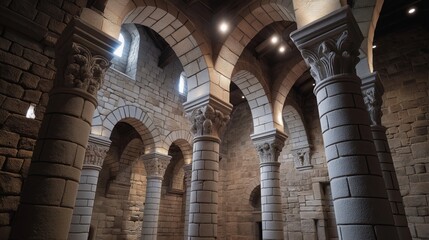 Vaulted Sanctuary: An interior shot showcasing architectural elements, columns, archways, stone texture, and historical significance. 