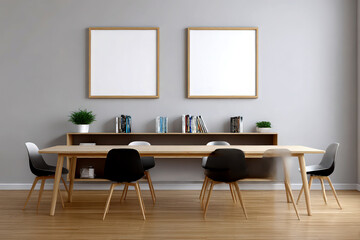 A dining room with a long table and chairs with two frames hanging on the wall above a shelf