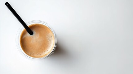 Top-view of a plastic cup with frothy brown liquid and black straw.