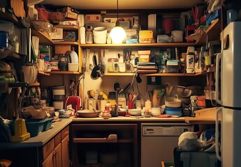 Cluttered kitchen with refrigerator, shelves, books, utensils, and pendant light.
