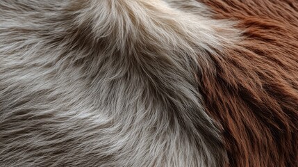 Close up of soft and fluffy animal fur in white and brown tones with detailed texture and beautiful light creating a natural and organic pattern great for abstract background