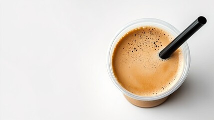 Top-view of a plastic cup with frothy brown liquid and black straw.