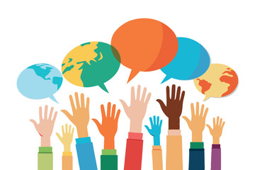 Colorful hands with diverse skin tones raised, holding speech bubbles, representing diversity, expression, and conversation