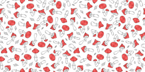 Pattern seamless abstract fly agaric. Set of fly mushrooms and leaves. Repeating background. Hand drawn icons, doodles, vector illustration.