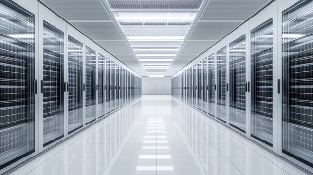 Futuristic AI data center featuring pure white design, glass floors, and ambient lighting with open space for text on the left side