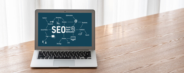 SEO search engine optimization for modish e-commerce and online retail business showing on computer...