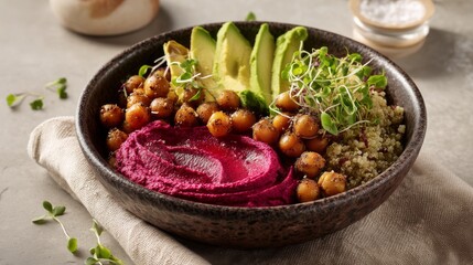 A visually appealing vegan bowl filled with hummus, avocado, chickpeas, and quinoa, ready to eat.
