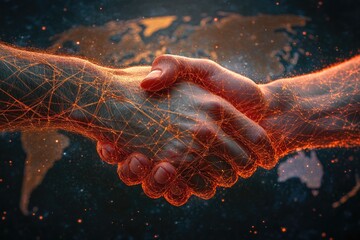 Digital handshake over a global map symbolizing technological partnerships and interconnectedness in a networked world.