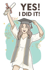 A young woman dressed in a white dress and traditional graduation cap and stole stands proudly with one arm raised high, holding a diploma, Use it to announce your achievement,