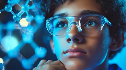 Young scientist studying molecular structure in blue light lab model future bright bright science