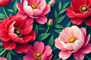 Bold peony & poppy textile print, vibrant hues, textile, summer, poppies