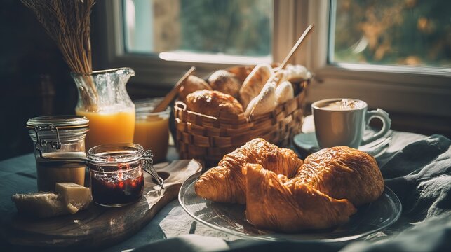 A beautifully arranged breakfast spread with fresh croissants, coffee, and preserves in warm light.