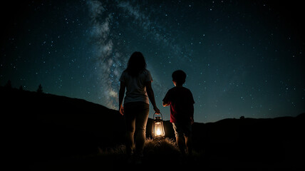Family stargazing with lantern under the Milky Way  