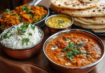 Indian meal with naan, curries and rice in metal bowls on wooden table.