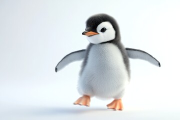 A fluffy baby penguin waddles forward with open wings, set against a clean, bright background, making it a charming and adorable image.