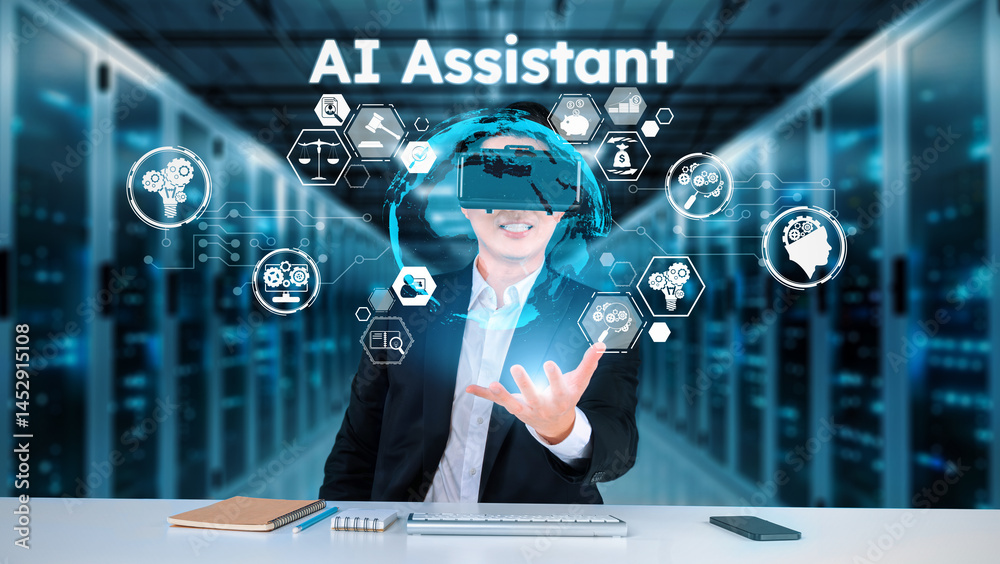 Poster business man with goggles working while using ai technology. project manager with formal suit checki